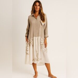 Womens Eddie Bauer Oversized Western Boho Linen Dress Embroidered Dress Sz PXS